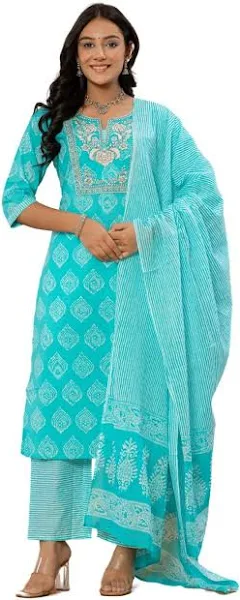 Amayra Women's Embroidered Straight Kurta Palazzo Pant Dupatta Set